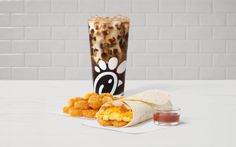 Hash Brown Scramble Burrito Meal with a side of Hash Browns, Jalapeño Salsa and an Iced Coffee