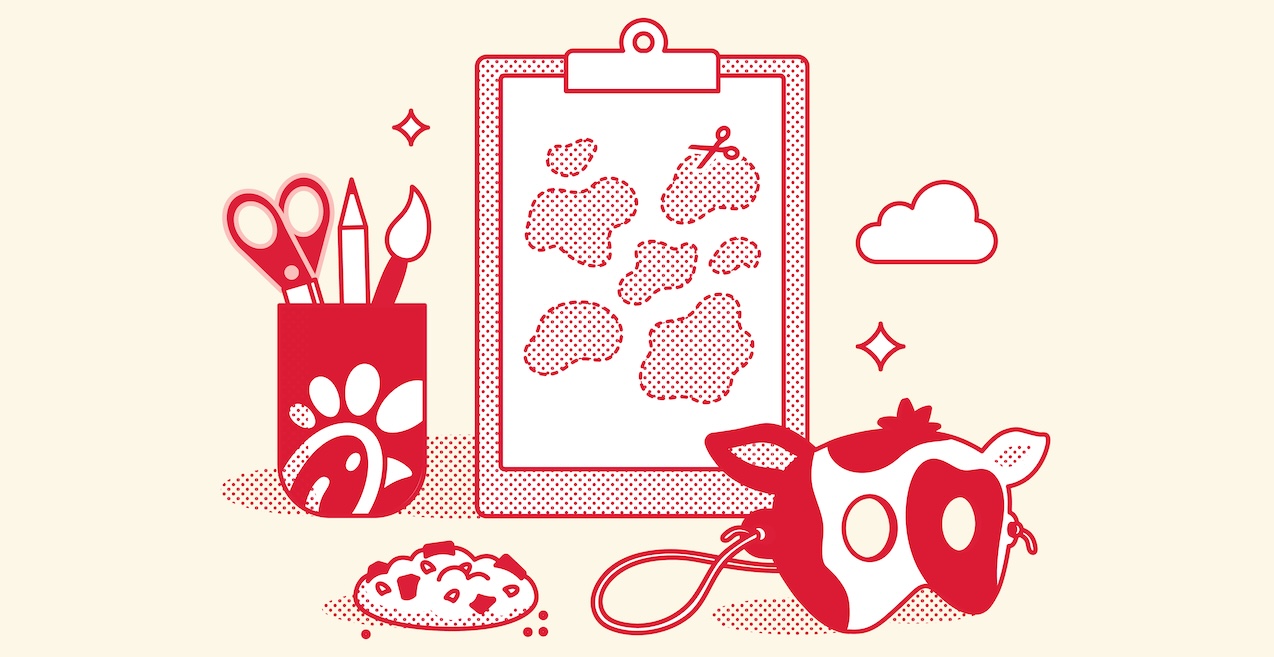 Graphics of a Chick-fil-A cup with scissors, pen and paintbrush next to a Chocolate Chunk Cookie, a clipboard with a paper on it and cow mask