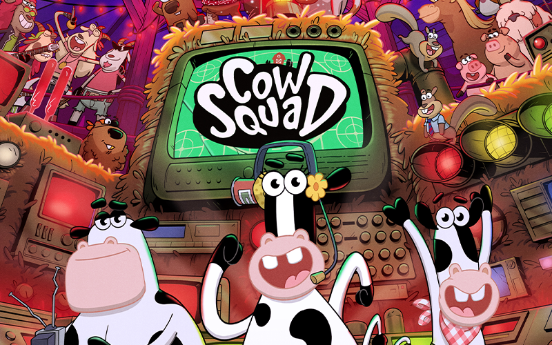 Animated Sarge, Daisy and Carrots in front of screen that says “Cow Squad” with other animated farm animals in the background
