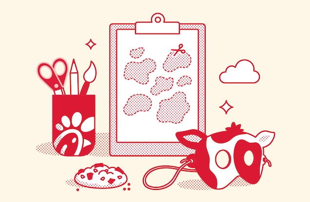 Red graphic with Cow mask