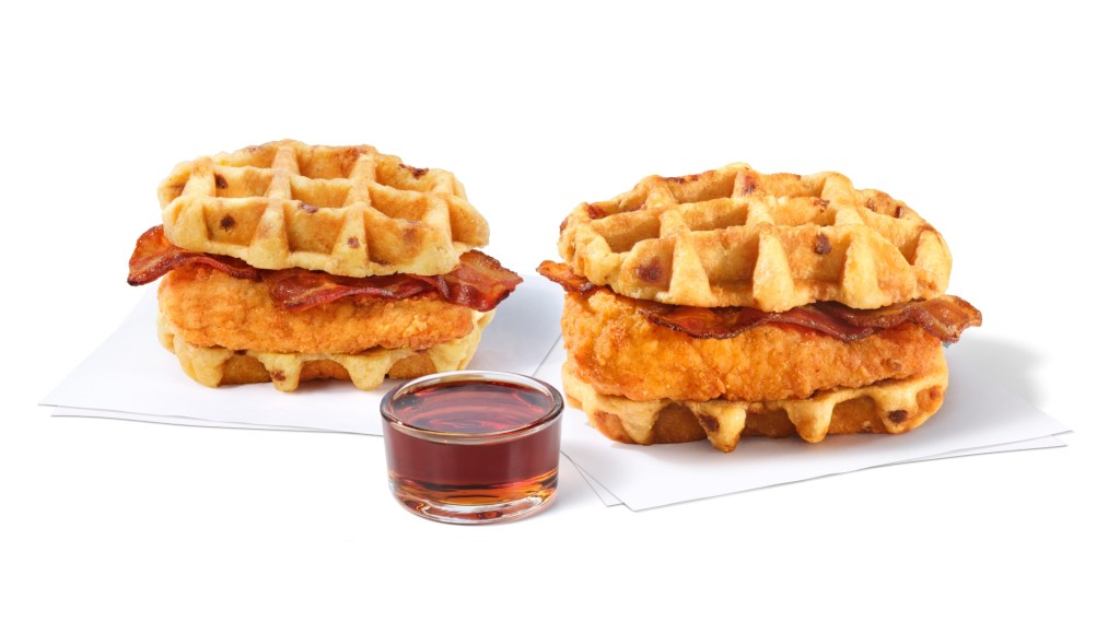 Chicken & Waffles Breakfast Sandwich and Chicken & Waffles Sandwich with a side of Classic Syrup