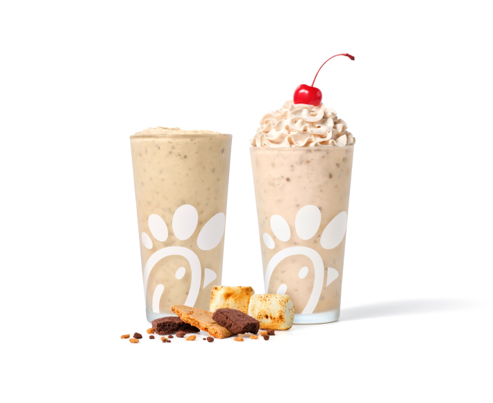 S’mores Frosted Coffee and S’mores Milkshake with toasted marshmallows and chocolate shortbread & graham cracker crumbles