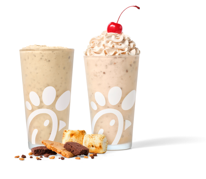 S’mores Frosted Coffee and S’mores Milkshake with toasted marshmallows and chocolate shortbread & graham cracker crumbles