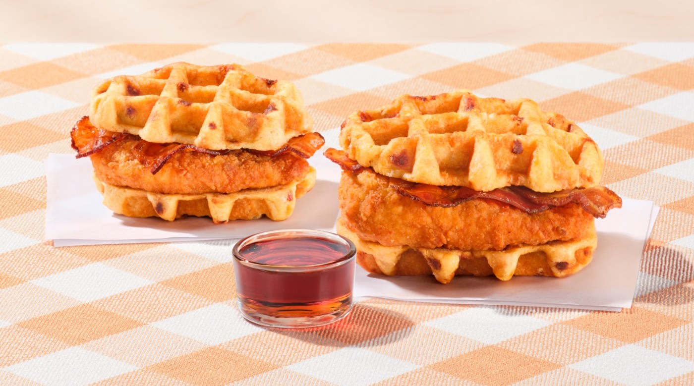Chicken & Waffles Breakfast Sandwich and Chicken & Waffles Sandwich with a side of Classic Syrup