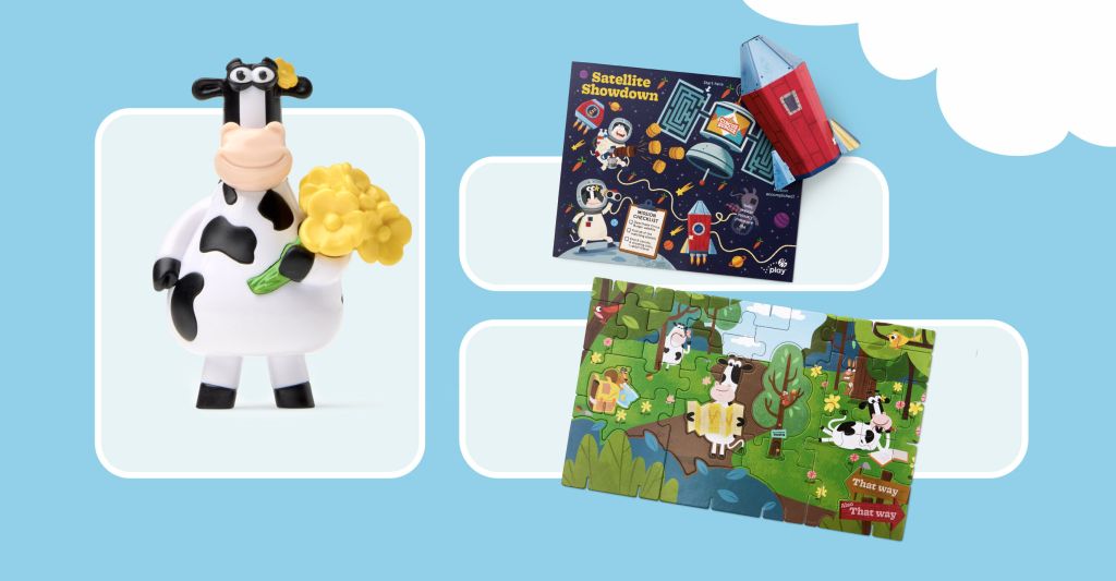 Daisy Cow Pal with cow puzzles on a blue and white background