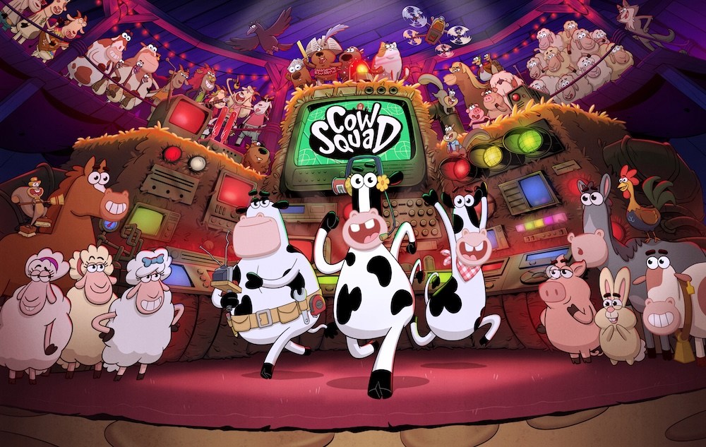 Animated Daisy the Cow on a motorcycle driving down a dirt road with Sarge and Carrots in the background and a Cowz World™ sign over them